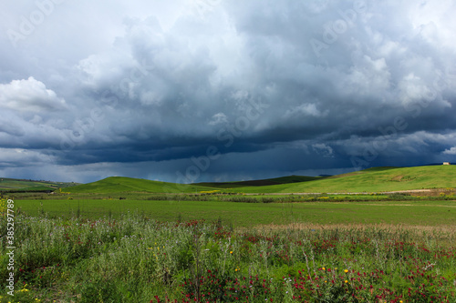 Natural beautiful landscape with stormy sky with clouds over the green field.