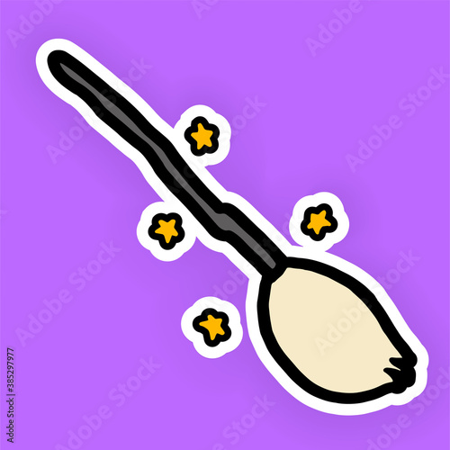 set of halloween icon isolated on violet background. pumpkin, calender, coffin, broom, witcher hat, bat and magic couldron. hand drawn vector. landscape template for kids, halloween icon, banner. 