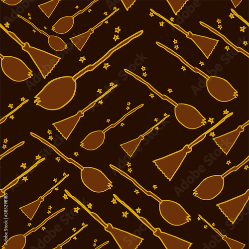 seamless pattern with brown magic broom with stars, yellow outline isolated on brown background. hand drawn vector. doodle for halloween party, wallpaper, template, wrapping paper and wrapped gift. 