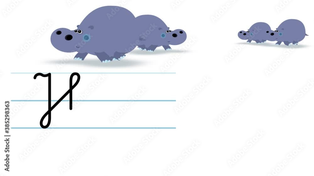 H letter writing like hippo cartoon animation. A compatibile part of the alphabet serie. Handwriting educational style for children. Good for education movies, presentation, learning alphabet, etc...