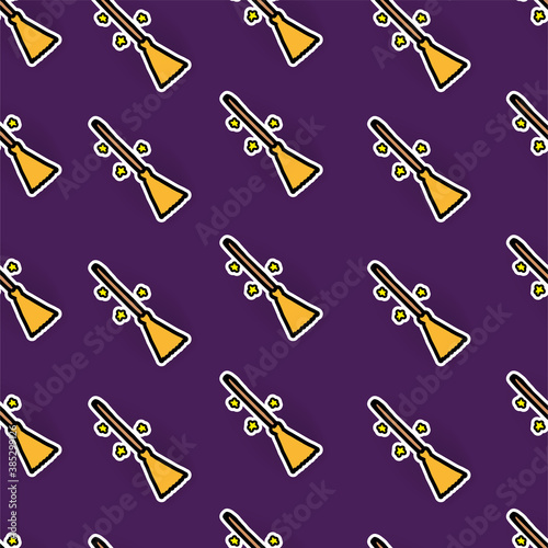 seamless pattern with witcher broom isolated on violet background. symbol for halloween celebration. hand drawn vector. modern scribble for wallpaper, cover, backdrop, fabric, wrapping paper and gift.