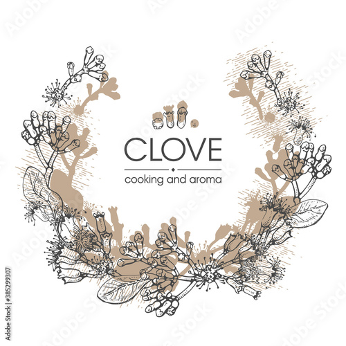 Frame with branches of a carnation tree with leaves, buds and flowers . Detailed hand-drawn sketches, vector botanical illustration.