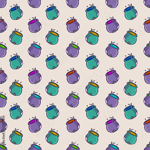 seamless pattern with magic couldron, potions isolated on bright background. hand drawn vector. modern scribble for wallpaper, cover, backdrop, wrapping paper and gift. doodle for halloween party. 