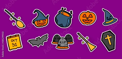 set of halloween icon isolated on violet background. pumpkin, calender, coffin, broom, witcher hat, bat and magic couldron. hand drawn vector. landscape template for kids, halloween icon, banner. 