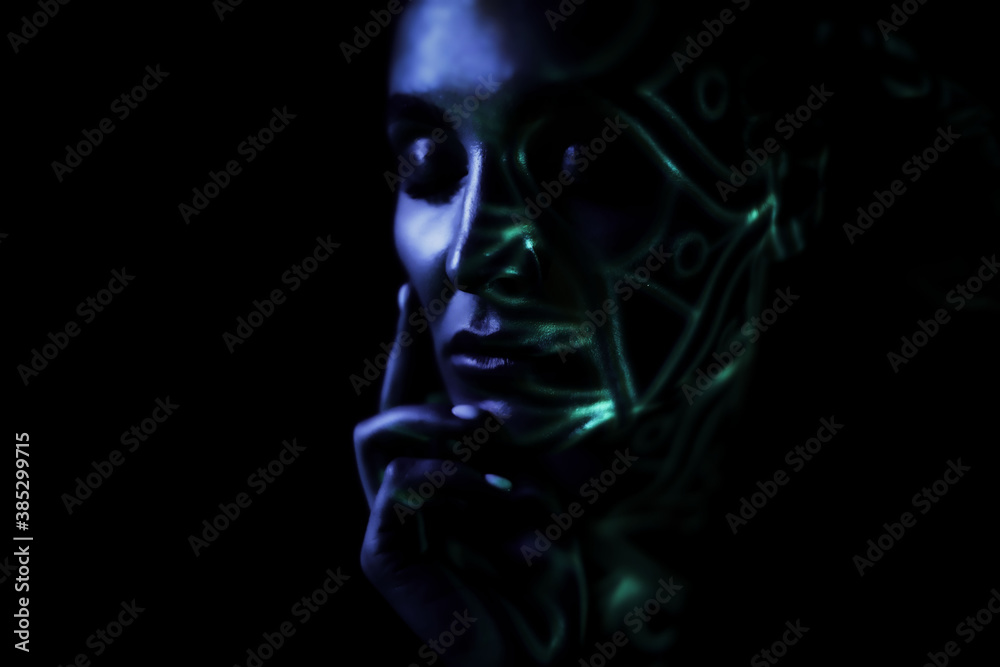 Girl in colored neon light, light painting Girl in colored neon light, light painting