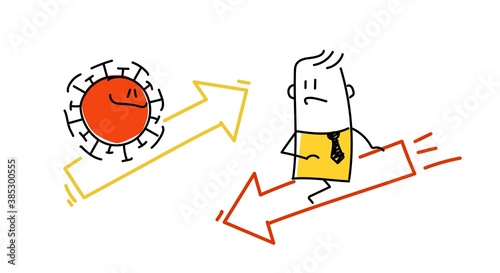 Caricature of the coronavirus flies upwards while sitting on an arrow, and businessman falls while sitting on an arrow.