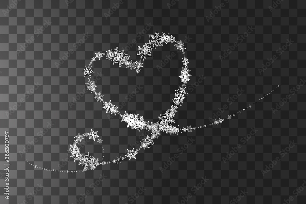 Heart shaped snowflakes in a flat style in continuous drawing lines. Trace of white dust. Magic abstract background isolated on on transparent background. Miracle and magic. Vector illustration flat