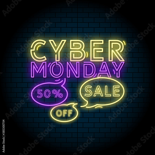 Cyber Monday neon banner with retro style. Big sale