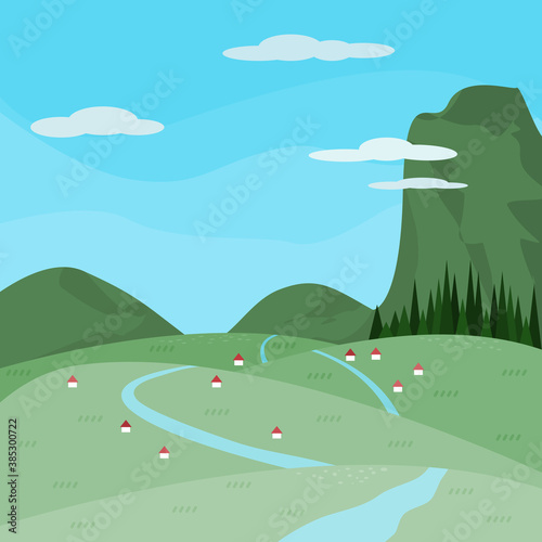 Illustrator vector of village in middle of mountain, view of mountain, meadow and blue sky