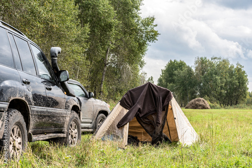 Tent in the field next to the forest in the campaign by cars