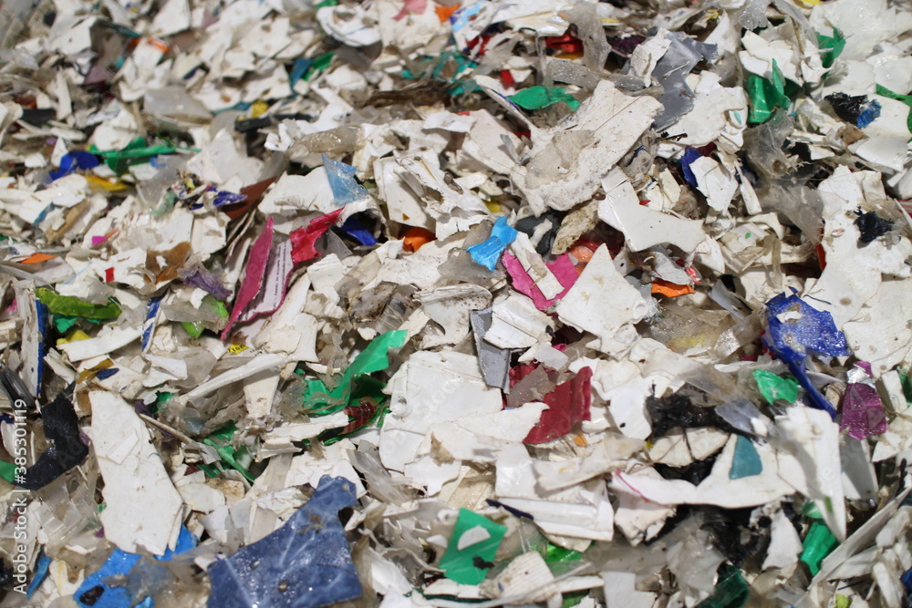Waste recycling shredded plastic pieces Waste recycling shredded plastic pieces