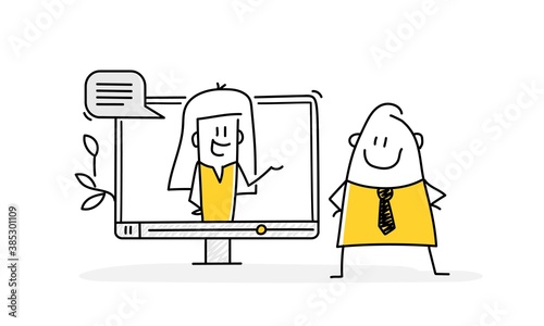 Stick man in front of a computer monitor and makes a video conference call to his colleague.