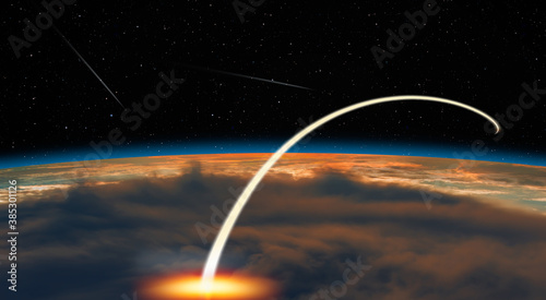 Long exposure night time rocket launch, falling stars in the background - Planet Earth with a spectacular sunset - "Elements of this image furnished by NASA" 