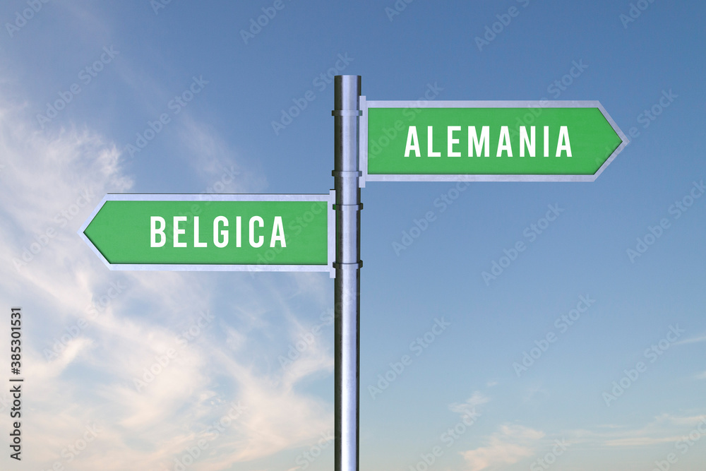 Sign indicating the direction of the borders between two countries Alemania, Belgica , 3d render. Sign indicating the direction of the borders between two countries Alemania, Belgica , 3d render.