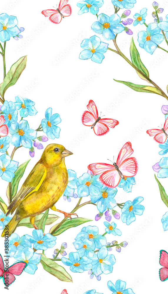 seamless texture with yellow bird on branch of blue flowers with buds. watercolor painting