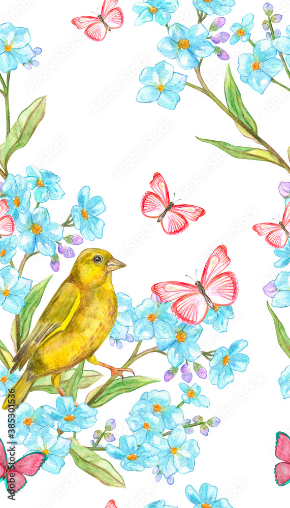 seamless texture with yellow bird on branch of blue flowers with buds. watercolor painting seamless texture with yellow bird on branch of blue flowers with buds. watercolor painting
