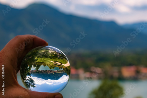 Crystal ball alpine landscape shot at the famous Tegernsee  Bavaria  Germany