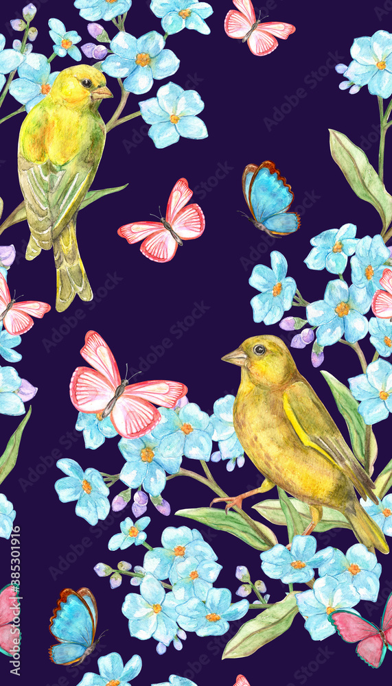 seamless texture with couple of yellow birds on branches of blue flowers and butterflies. watercolor painting
