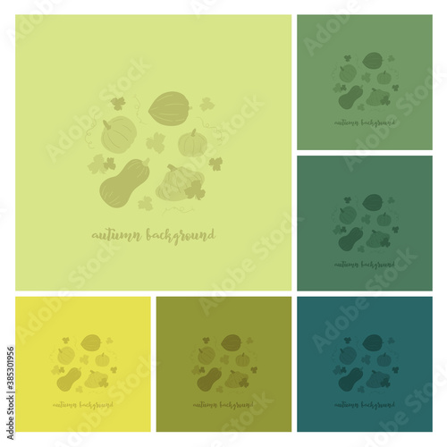 Cute autumn background with hand drawn pumpkins. Set of green square backdrop templates for social media posts, banners, cards, ads, print designs.