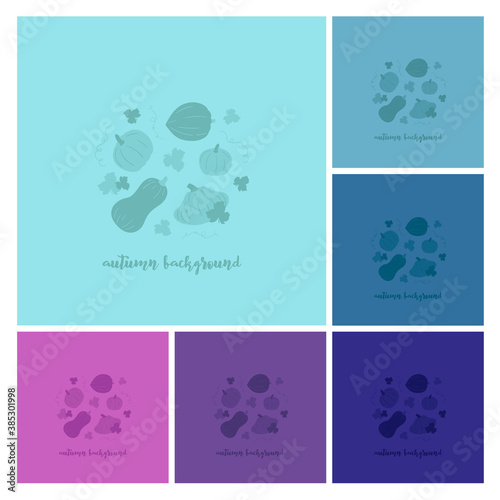 Cute autumn background with hand drawn pumpkins. Set of blue, purple backdrop templates for social media posts, banners, cards, ads, print designs.