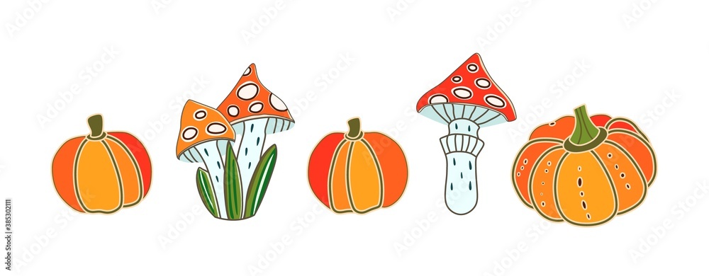 Pumpkins and mushrooms on a white background. Vector illustration. Autumn set of icons. Halloween. Abstract, hand-drawn, decorative pumpkins and mushrooms. Harvest food vegetables mushroom fly agaric