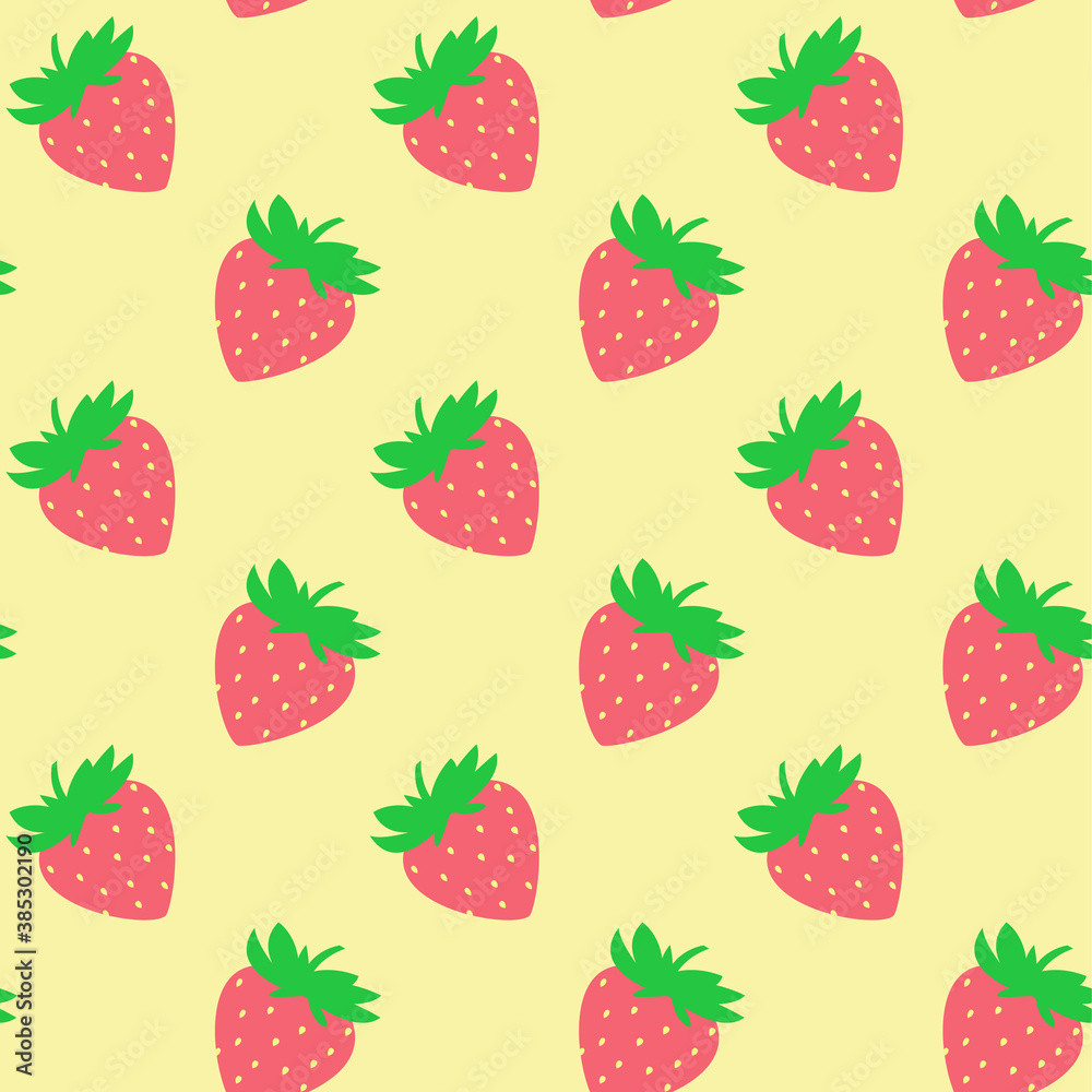 Seamless pattern with red strawberries on yellow board. Tasty berry, sweet food illustration. Summer theme. Beautiful print for textile, greeting cards, wrapping paper, decor and design. Jpg file Seamless pattern with red strawberries on yellow board. Tasty berry, sweet food illustration. Summer theme. Beautiful print for textile, greeting cards, wrapping paper, decor and design. Jpg file
