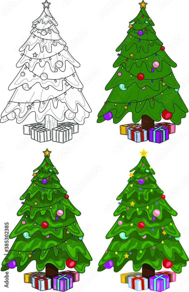 Colorful Christmas New Year winter tree with decorations and presents template set. Bright holiday cartoon vector illustration in color and black and white for games, decor. Coloring page, book, paper