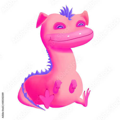 A cute hand drawn dragon sitting and smiling happily, isolated on white background. © Ольга Ким