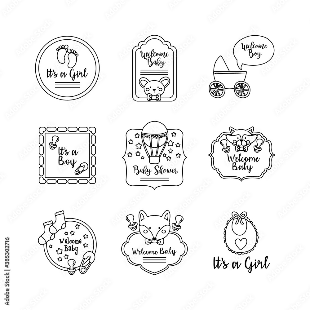 bundle of nine baby shower set icons