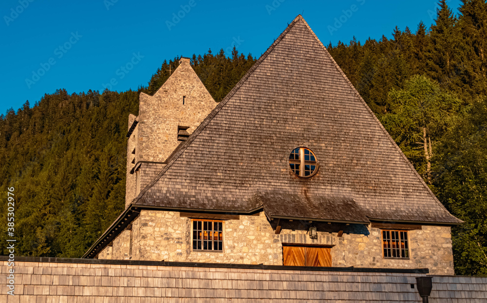 Beautiful church at sunset near the famous Spitzingsee, Bavaria, Germany