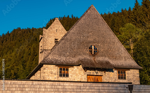 Beautiful church at sunset near the famous Spitzingsee, Bavaria, Germany photo