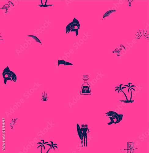 Beautiful tropical vector seamless pattern background with coconut palm trees  sailboat silhouettes  sun  mountaines  whale tails. Isolated on white background. The Summer beach surfing illustration