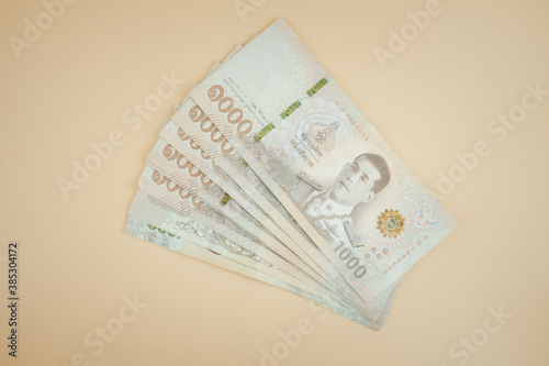 Money stack of 1000 Thailand Baht banknote a lot of. Top view