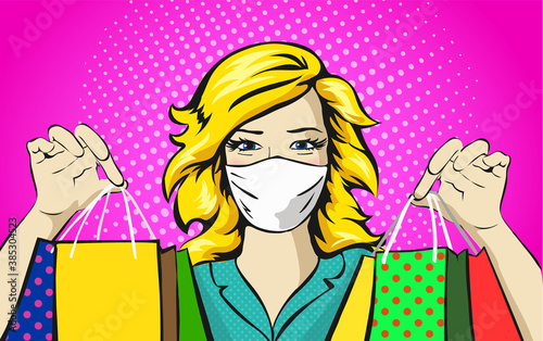 Woman with medical mask shopping sale concept Pop art discounts retro style vector. Virus, quarantine, epidemic safety illustration