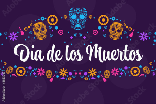 Inscription Day of the Dead in Spanish. Dia de los Muertos holiday concept. Template for background, banner, card, poster with text inscription. Vector EPS10 illustration.