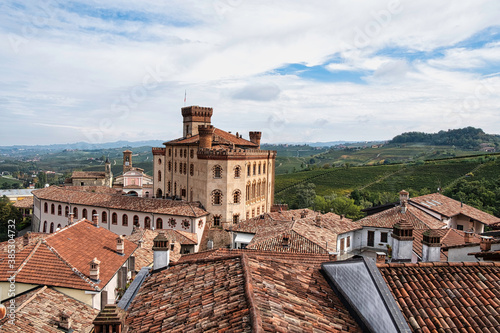 the castle of Barolo in the center of the Langhe, famous for its famous Piedmontese wine, seen from above