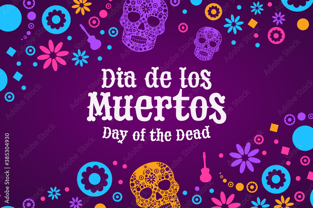 Inscription Day of the Dead in Spanish. Dia de los Muertos holiday concept. Template for background, banner, card, poster with text inscription. Vector EPS10 illustration.