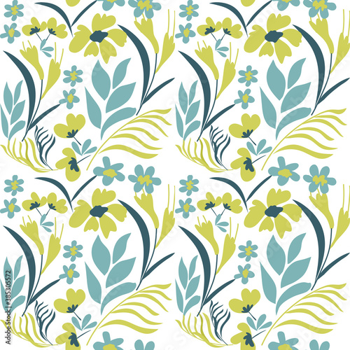 Fototapeta Naklejka Na Ścianę i Meble -  Blooming midsummer meadow seamless pattern. Plant background for fashion, wallpapers, print. A lot of different flowers on the field. Ditsy style.