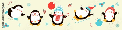 Set of Merry Christmas Penguins. Colorful vector illustration. Skates, sleigh, garland, snowman. Winter fun