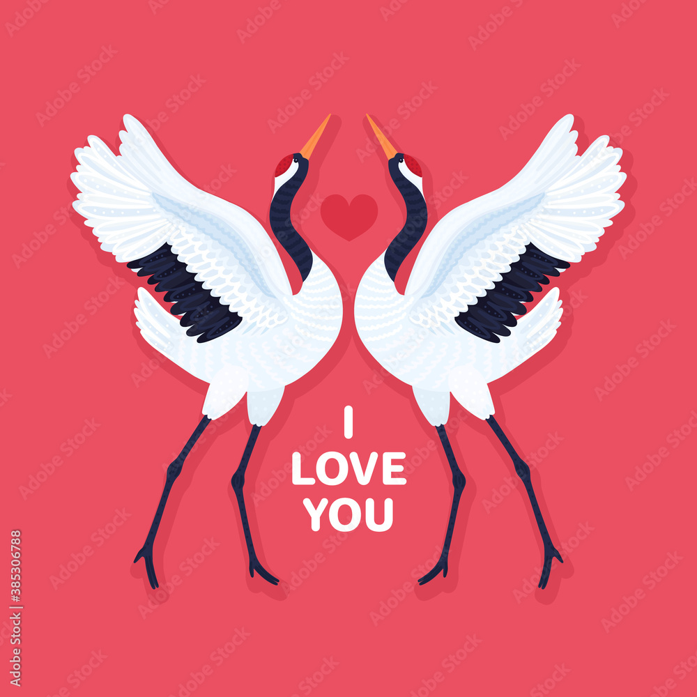 Fototapeta premium Pair of red crowned cranes and heart. Background with dancing East Asian birds. Love and romance. Valentine's day design. Card, print on t-shirt and other apparel, cover, banner, poster, label. Vector