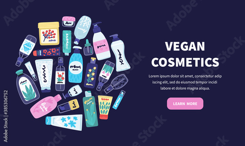 Vector cosmetic products. Natural cosmetics. Beauty care. Many jars and bottles. Facial skin care. Online store. Landing page template. Background is for banner, header, advertising, mailing list