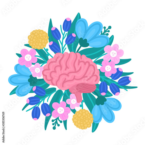 Vector healthy brain on flowers. Illustration for label of medicine, advertisement poster or banner for psychologist or psychotherapist, design for website or article about mental health