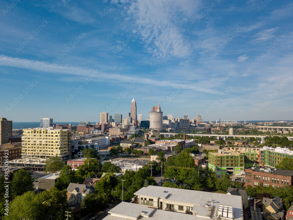 Fototapeta premium Gorgeous blue skies over downtown Cleveland from Ohio City aerial photography