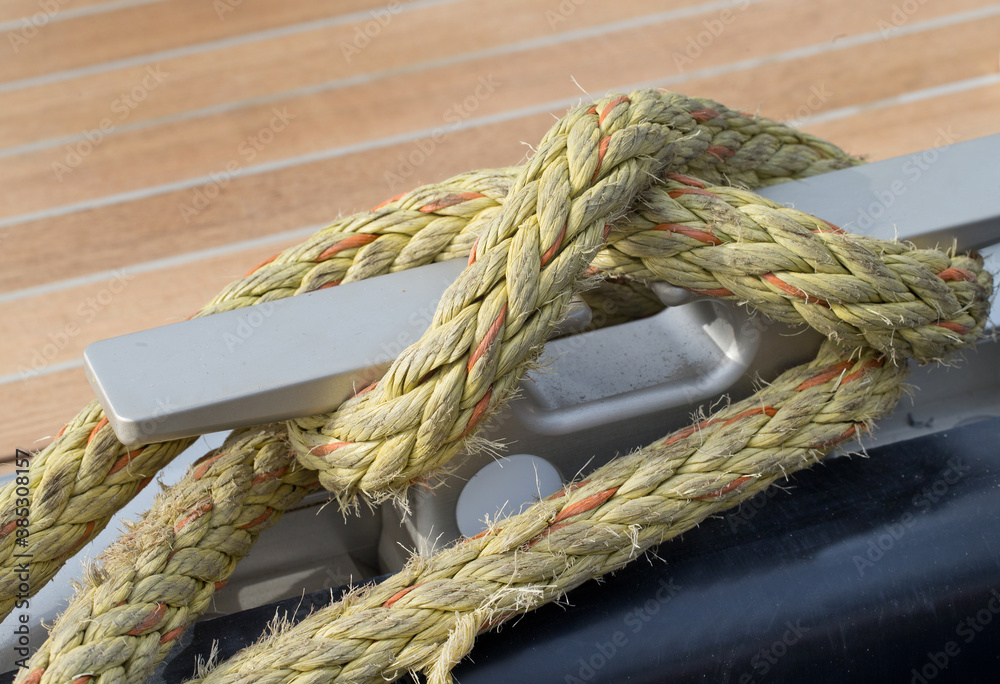 Details at the deck of a super sailing yacht. Ship building industry. Rope,