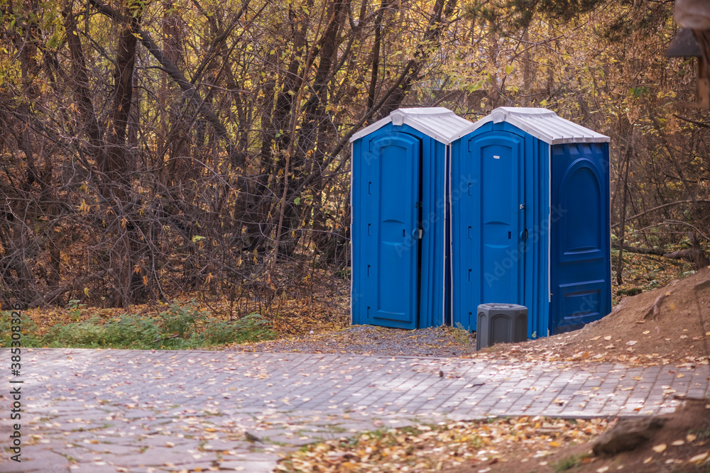 public blue toilets in the park in the fall public blue toilets in the park in the fall