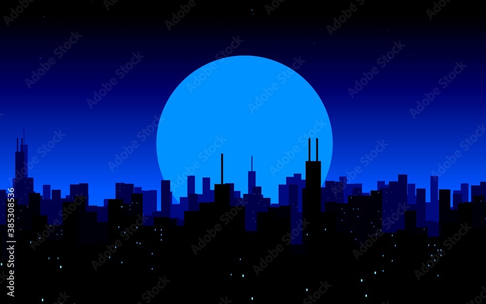 Moon rising over a city. Night City Skyline. Cityscape Background, Beautiful night sky with stars over city buildings. Best wallpaper. Blue sky.
