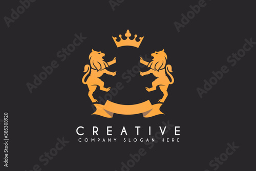 two lion with crown vector logo design isolated on black background