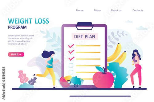 Concept of weight loss program, low-carb diet, healthy meal food. Women go in for sports and eat healthy food. Female characters does fitness
