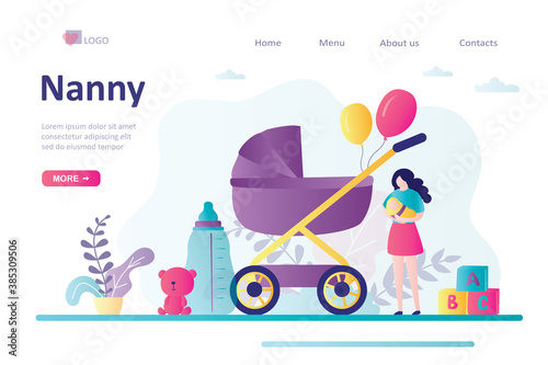 Mother holding little boy. Babysitter service concept. Stroller with bunch of balloons and toys. Newborn toddler care and nanny occupation