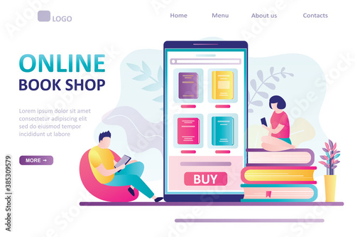 Smartphone with various books on screen. Internet technology, online bookshop landing page. People with smart gadgets.